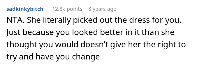 A comment from sadkinkybit*h says NTA, arguing the bride picked the wedding dress. This relates to the SEO keywords Groom Throws Out Sis, Wedding Dress.