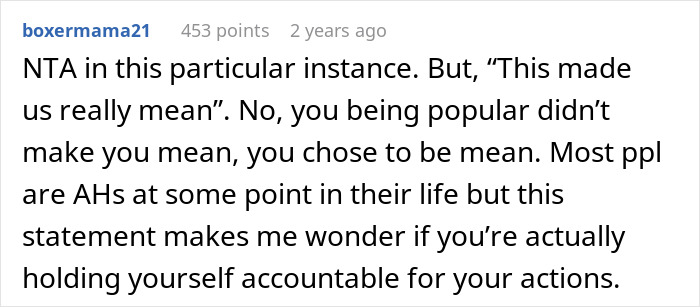 Comment from user boxermama21 discussing accountability and behavior related to popularity in a book store manager school bully context. Comment from user boxermama21 discussing accountability and behavior related to popularity in a book store manager school bully context.