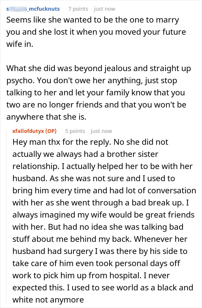 A Reddit screenshot shows a discussion thread with two comments regarding a Toxic Bestie. The original poster describes realizing his best friend was talking badly about him behind his back, despite his kindness.