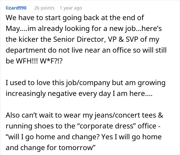 Comment expressing frustration about commute and uncertainty after work from home was canceled, feeling negative about job. Comment expressing frustration about commute and uncertainty after work from home was canceled, feeling negative about job.