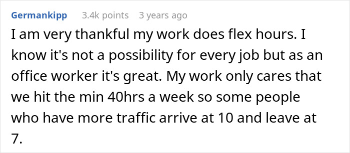 Comment from a user discussing flexible work hours and arriving late, related to employee revenge on a colleague.