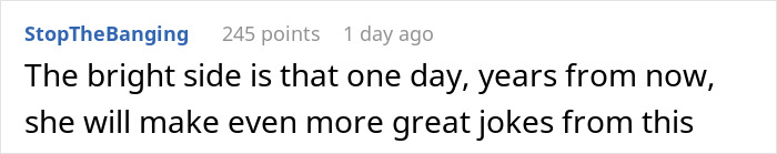 Comment text in black font on a white background about making great jokes from trauma, related to comedy coping and stalking.