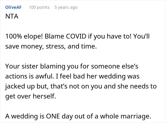 Screenshot of a forum comment discussing worries about sister sabotaging wedding due to past incident and uninviting her.