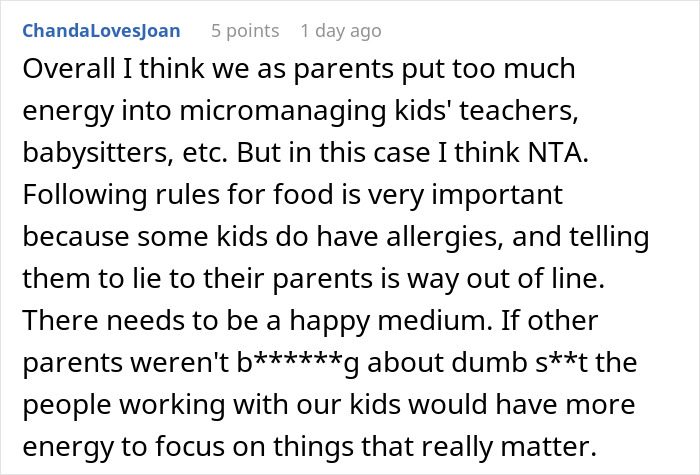 Comment discussing parents noticing kids received food they were not supposed to, emphasizing food allergy rules and volunteer accountability.