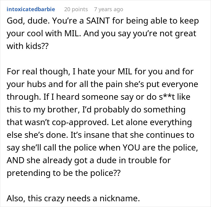 Comment discussing issues with a homophobic MIL trying to get son&rsquo;s boyfriend arrested by a fake cop who is a real officer.