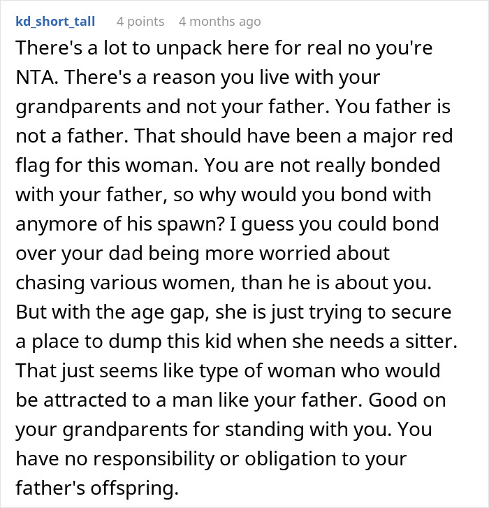 Comment discussing a pregnant woman pressuring her ex&rsquo;s teen son to help raise her baby and his refusal.