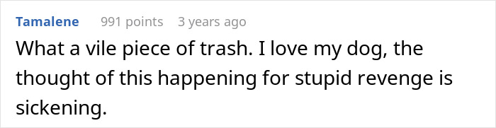 Text post showing a user condemning using an ex's dog for revenge, with an animal-lover coworker conflict implied.