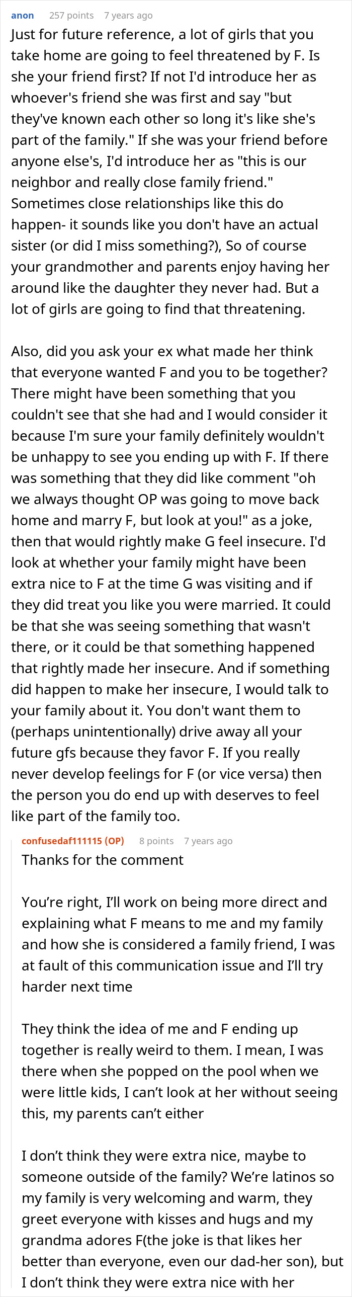 Alt text: Text discussion about woman breaking up with boyfriend due to his female friend being very close to his family. Alt text: Text discussion about woman breaking up with boyfriend due to his female friend being very close to his family.