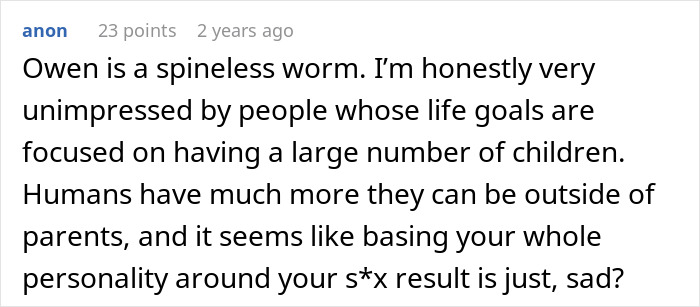 A Reddit comment about Owen, a man who felt emasculated by his donor baby, and how focusing on reproduction is sad.