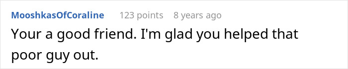 Comment praising a friend for helping an overworked and underpaid friend showing support and kindness online.