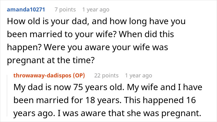 Screenshot of a Reddit thread. OP details wife's betrayal with his dad, revealing key timeline information.