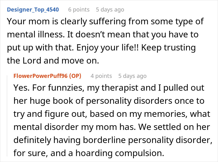 Text conversation about a woman sharing her mom&rsquo;s mental health struggles and personality disorders in a soap opera style story.