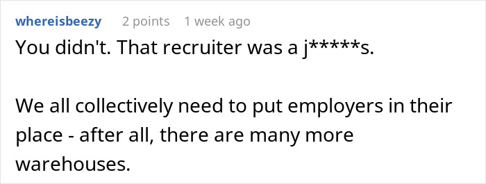 A Reddit comment discussing a recruiter and encouraging candidates to put employers in their place, after a job candidate was speechless and hung up mid-interview.