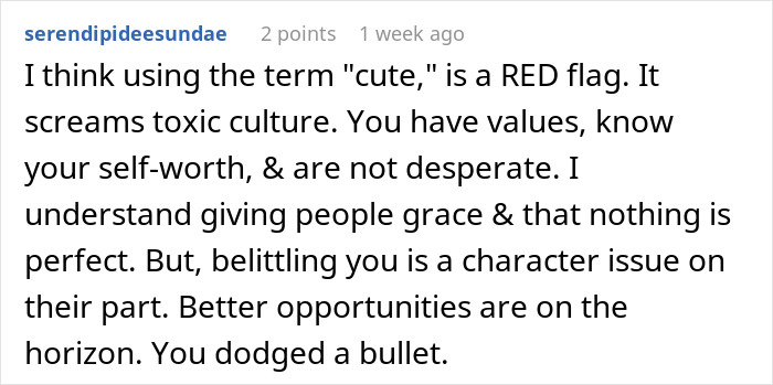 A comment from serendipideesundae about toxic culture. A job candidate might relate to this post-interview experience.