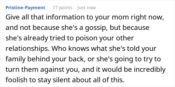 A reddit comment advising a user to inform their mom about a toxic bestie who ruined relationships.
