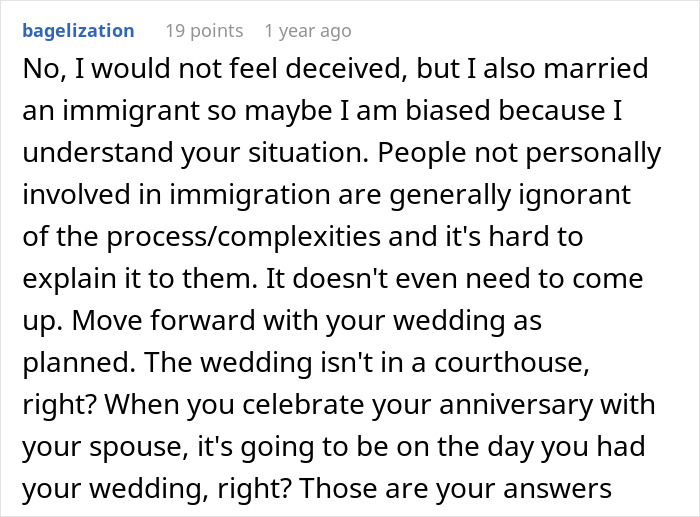 A Reddit comment advises a panicking bride not to worry about guests being upset about her couple legally marrying early.