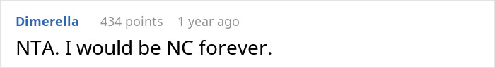 A Reddit comment from 'Dimerella' with 434 points says 'NTA. I would be NC forever.' regarding a MIL story.
