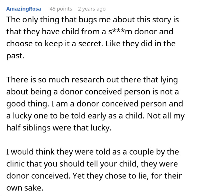 Reddit comment about donor baby secrecy, discussing implications of keeping donor conception a secret from children.