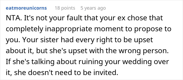 Comment discussing a woman worried her sister will sabotage her wedding and considering not inviting her due to a past incident.