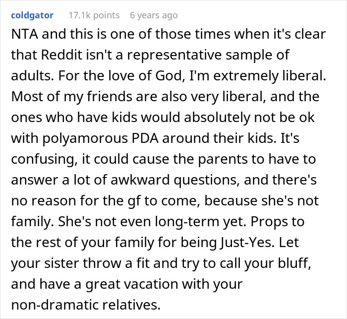 Comment discussing family upset over polyamorous sister's open affection and the impact of PDA around kids.