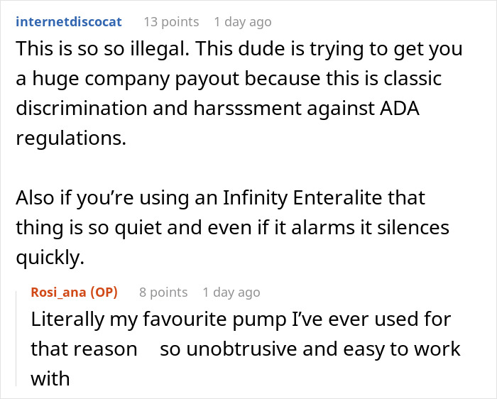 Reddit comments discussing the legality of a manager's request to avoid using a feeding tube in the office.