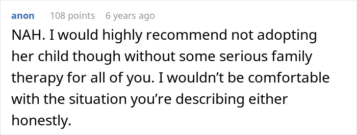Comment text discussing concerns about a woman wanting her baby adopted by her brother and family therapy advice. Comment text discussing concerns about a woman wanting her baby adopted by her brother and family therapy advice.