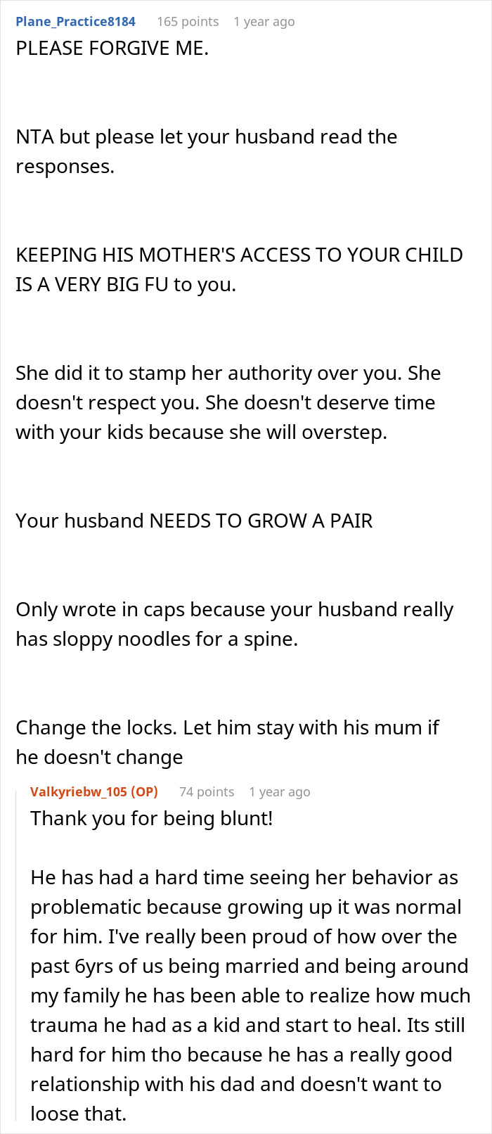 A Reddit post detailing relationship advice on a MIL issue, showing text responses in a forum discussing problems with a different house.