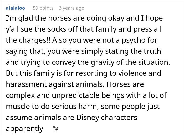 A comment advocating pressing charges against a family after a disruptive kid incident at a stable and a toxic mom escalation.