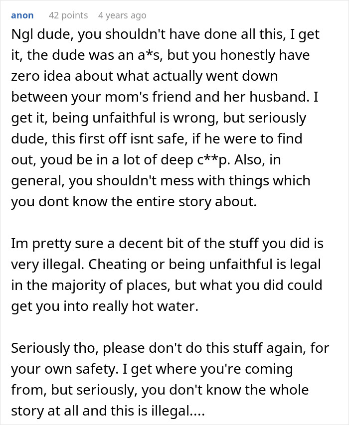 A Reddit comment warning someone about their revenge on the guy who dumped his wife to marry his mistress.