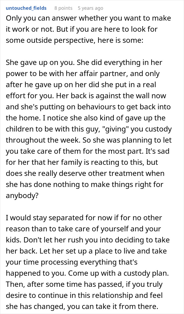 A Reddit thread offering advice on a marriage ruined by an affair, discussing divorce and reconciliation.