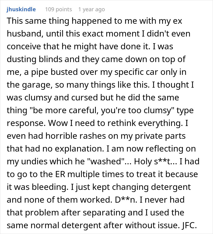 Comment describing experience with dangerous traps set by ex-husband causing injury and suspicion in home relationship. Comment describing experience with dangerous traps set by ex-husband causing injury and suspicion in home relationship.