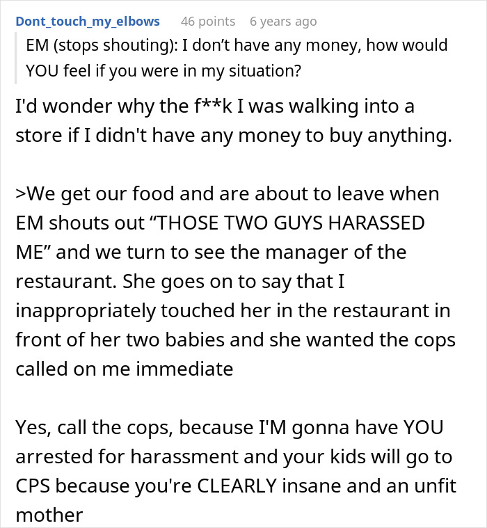 Screenshot of a forum post describing an entitled single mom expecting a stranger to buy her kids food.