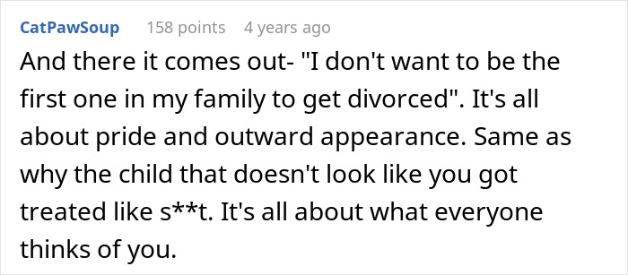 A comment about the man demanding paternity test, highlighting pride and outward appearance in family matters.