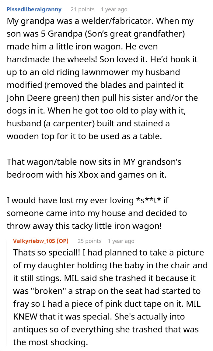 A Reddit post details how a MIL's actions broke something inside the author, showing text about cherished items being discarded.