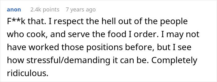 Comment expressing respect for servers and acknowledging the stress of working as a server in a demanding job. Comment expressing respect for servers and acknowledging the stress of working as a server in a demanding job.