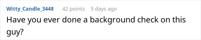 A user comment, 'Have you ever done a background check on this guy?', suggesting investigation into a husband's weird behavior, hinting at a secret child.