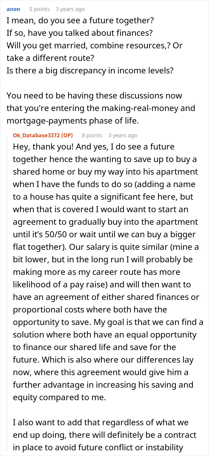A Reddit post discussing finances, mortgage, and property deeds within a relationship, addressing the "Woman Called A Leech" scenario.