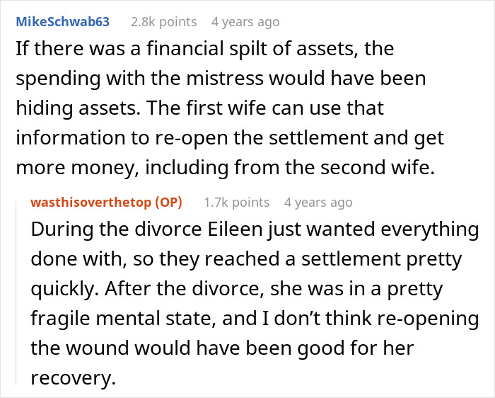 Screenshot of a Reddit discussion, showing comments about a wife's friend taking revenge on the husband and his new wife.