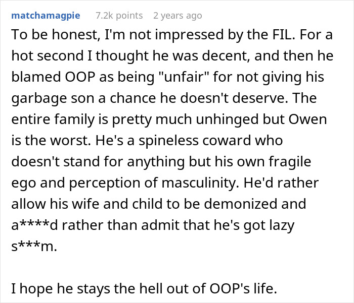 A screenshot of a Reddit comment criticizing a father for not accepting his donor baby. The comment suggests he ruined his family.