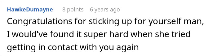 Text comment praising a man for standing up for himself after his army wife cheats on him during his deployment and karma follows.