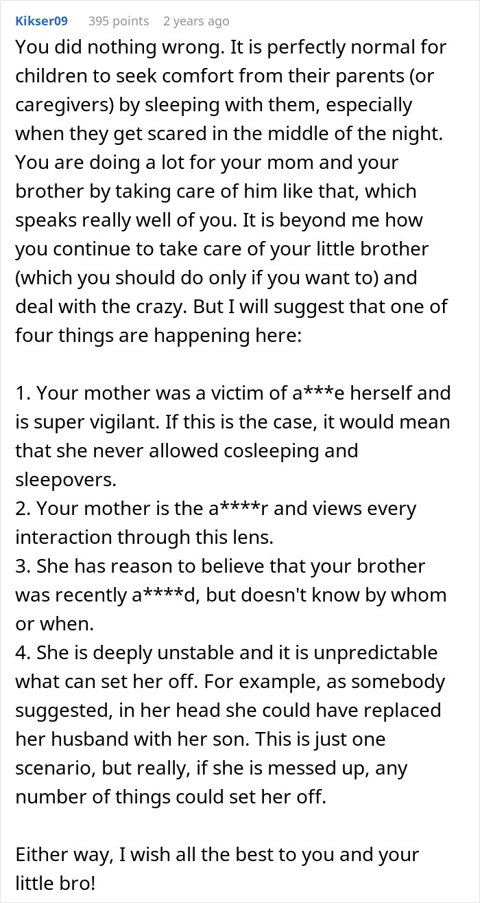 A Reddit comment from Kikser09, discussing the emotional impact of a scared 9YO bro sleeping with his sister.