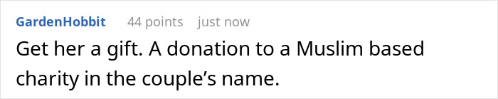 A Christian bride comment suggestion: get her a gift, a donation to a Muslim charity in the couple's name.
