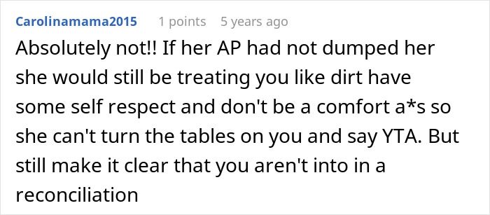 A screenshot of a comment from Carolinamama2015, advising a husband to not cancel the divorce after an affair.