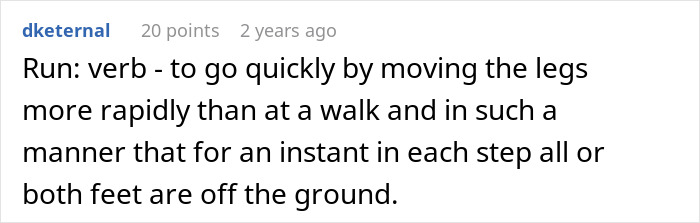 A screenshot of a Reddit comment defining the verb run, relating to a divorce and baby bump situation.