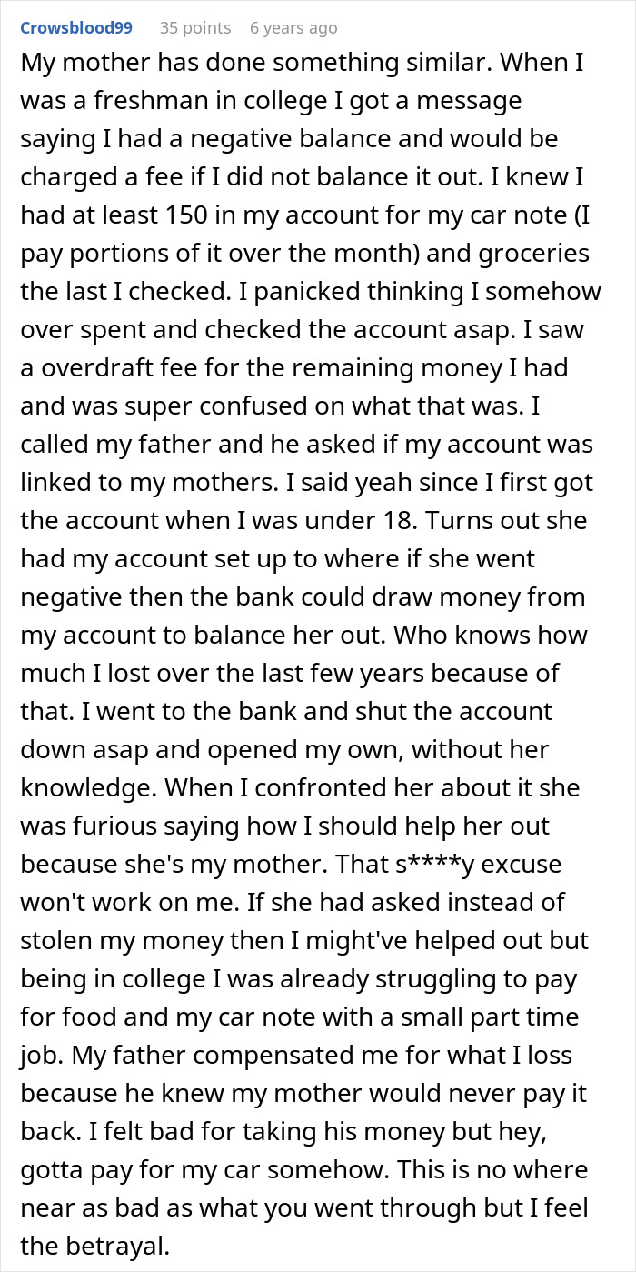 A Reddit post describes a college student's struggle with debt after his mom used his account, relatable for a family with debt.
