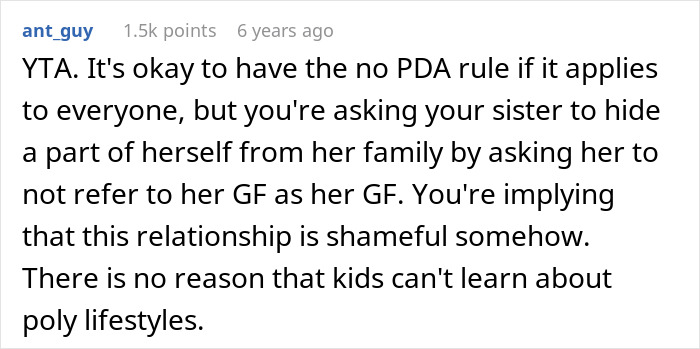 Comment discussing open affection and acceptance of polyamorous relationships despite family concerns about kids.