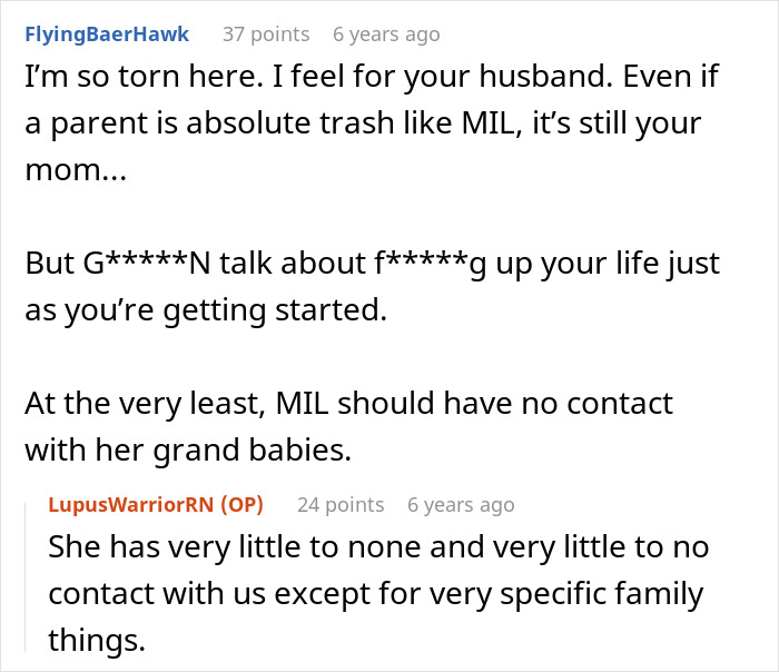 A Reddit comment about a young family trying to buy a house, facing debt, and limited contact with the mother.