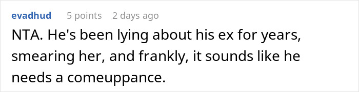 Screenshot of an online comment discussing a man lying about his ex, highlighting conflict with the boyfriend’s ex. Screenshot of an online comment discussing a man lying about his ex, highlighting conflict with the boyfriend’s ex.