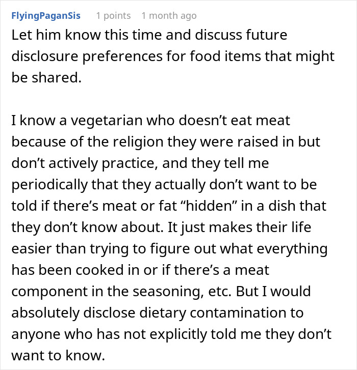 A comment suggesting disclosure of bacon fat or other dietary elements to a Muslim roommate.