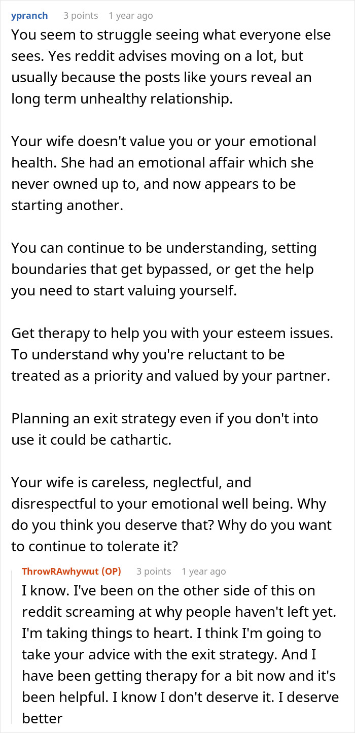Text from a Reddit thread detailing relationship struggles, advice for a man with a gut feeling about his wife and coworker.